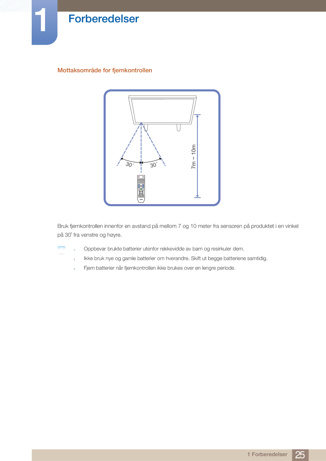 Samsung LH32ARPLBC/EN manual Mottaksområde for fjernkontrollen, 7m ~ 10m 