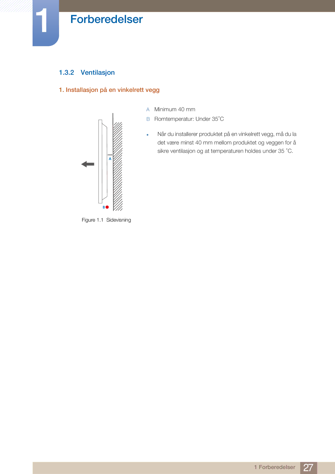 Samsung LH32ARPLBC/EN manual Ventilasjon, Installasjon på en vinkelrett vegg 