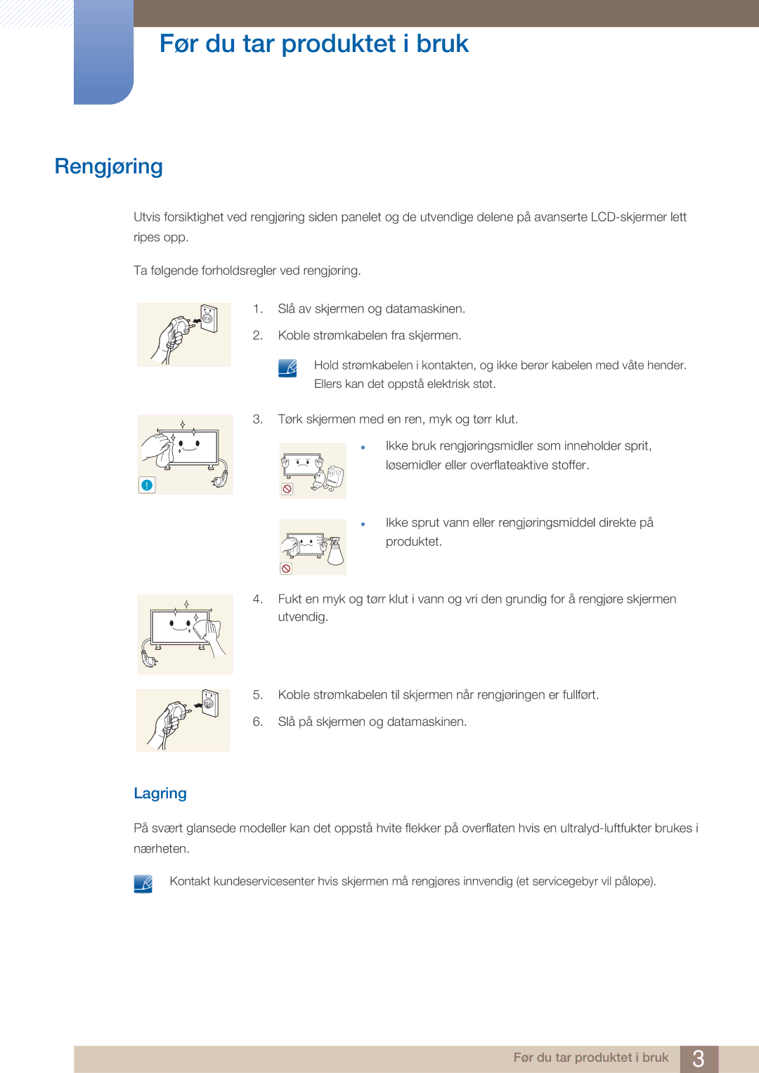 Samsung LH32ARPLBC/EN manual Rengjøring, Lagring 