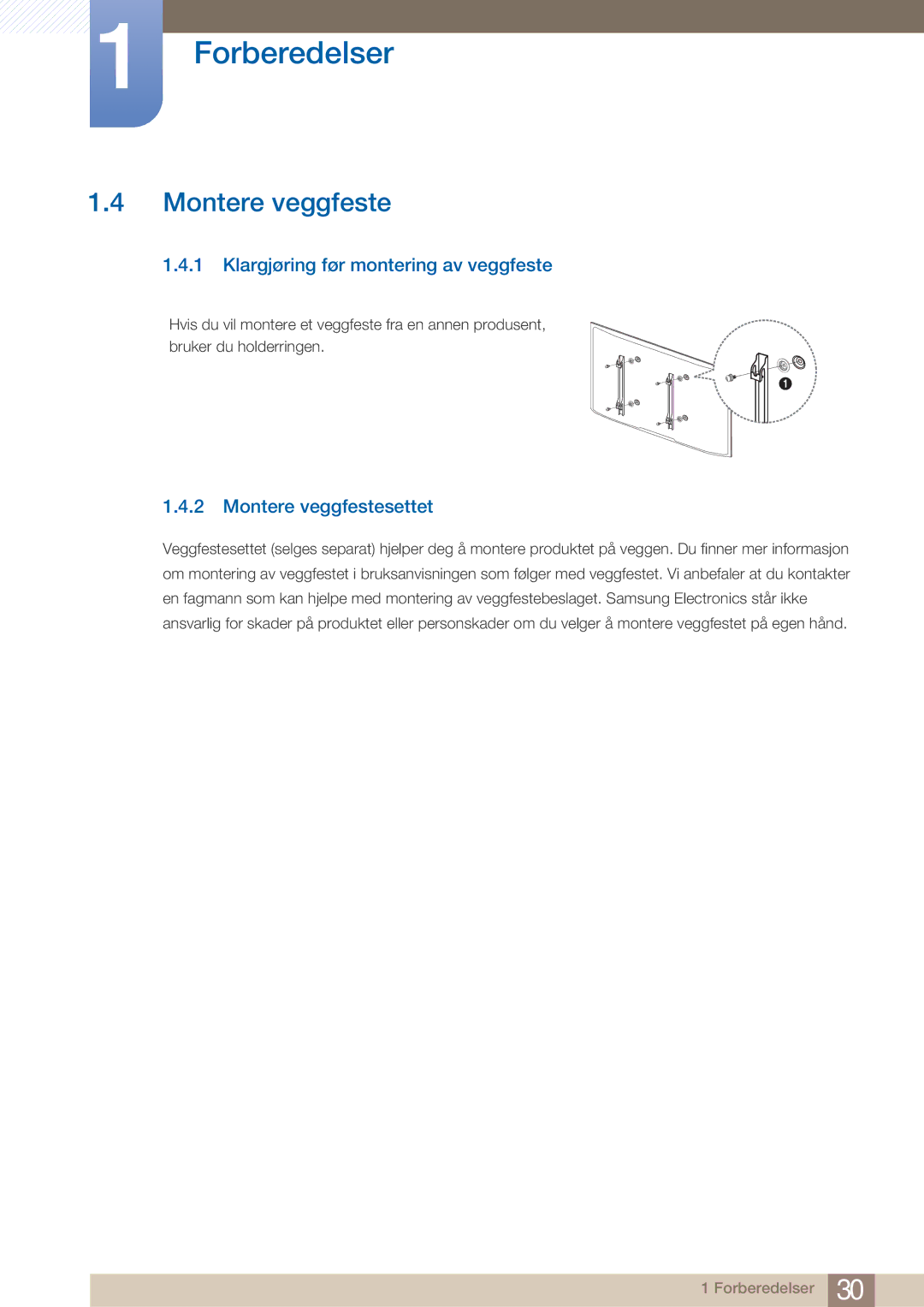 Samsung LH32ARPLBC/EN manual Klargjøring før montering av veggfeste, Montere veggfestesettet 