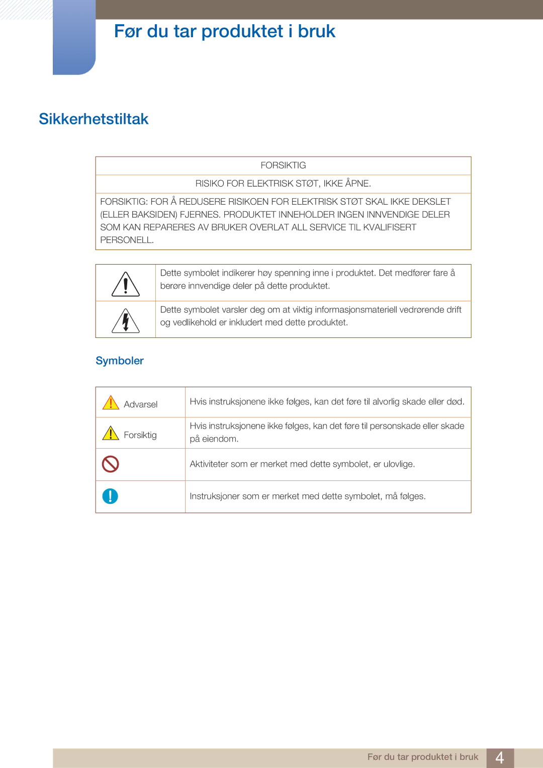 Samsung LH32ARPLBC/EN manual Sikkerhetstiltak, Symboler 