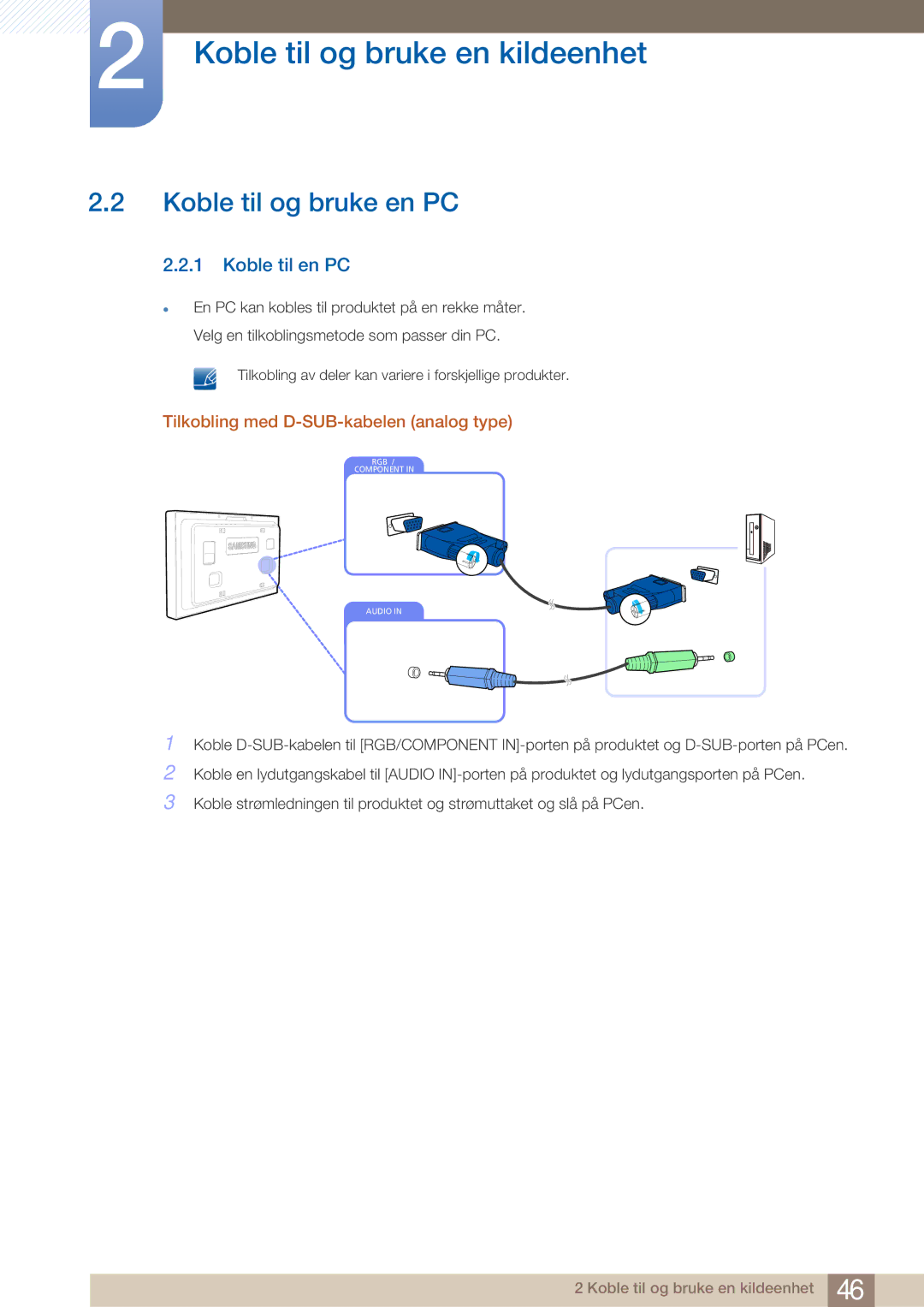 Samsung LH32ARPLBC/EN manual Koble til og bruke en PC, Koble til en PC, Tilkobling med D-SUB-kabelen analog type 