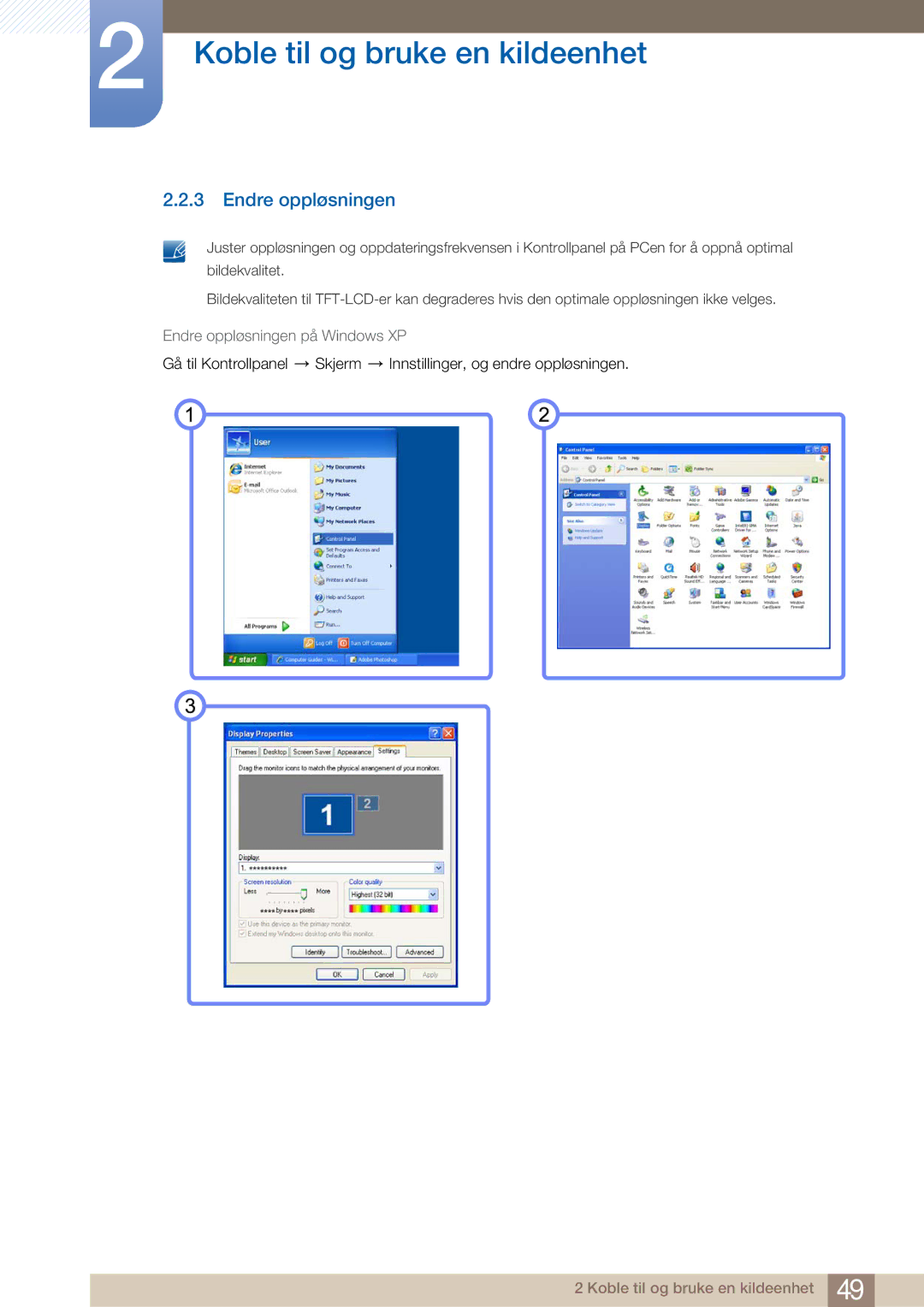 Samsung LH32ARPLBC/EN manual Endre oppløsningen på Windows XP 