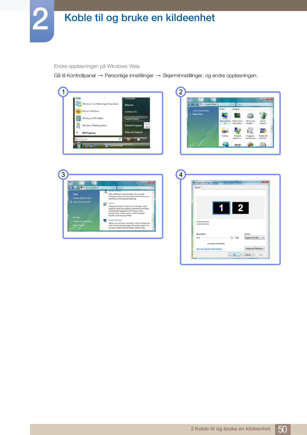 Samsung LH32ARPLBC/EN manual Endre oppløsningen på Windows Vista 