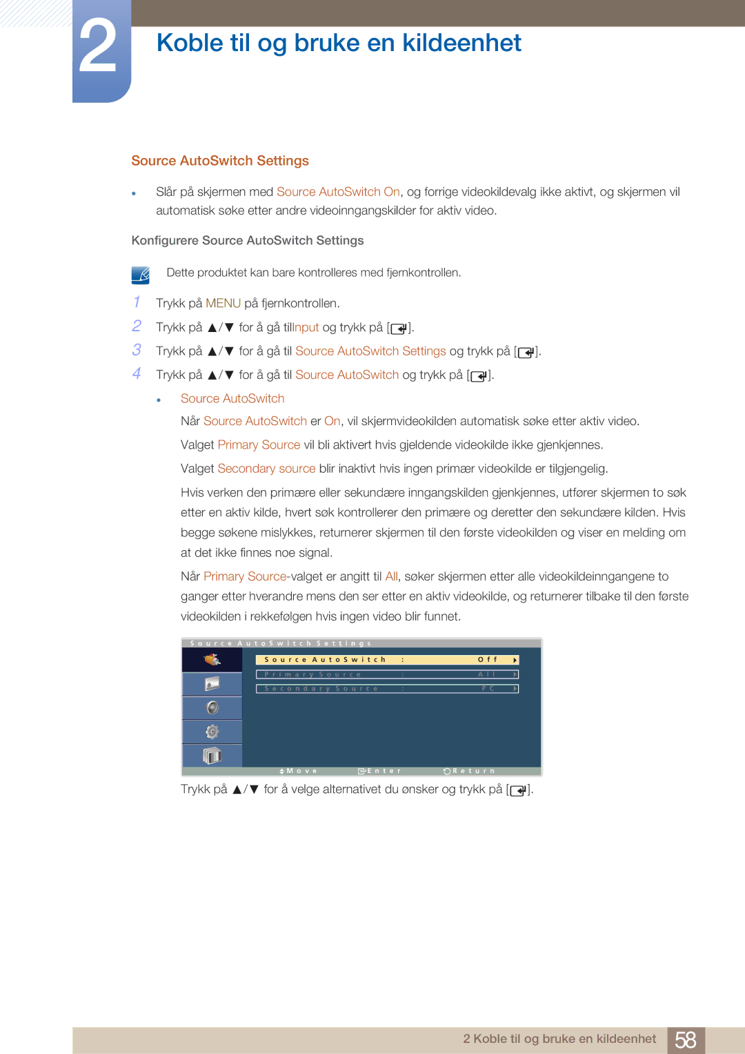 Samsung LH32ARPLBC/EN manual Konfigurere Source AutoSwitch Settings 