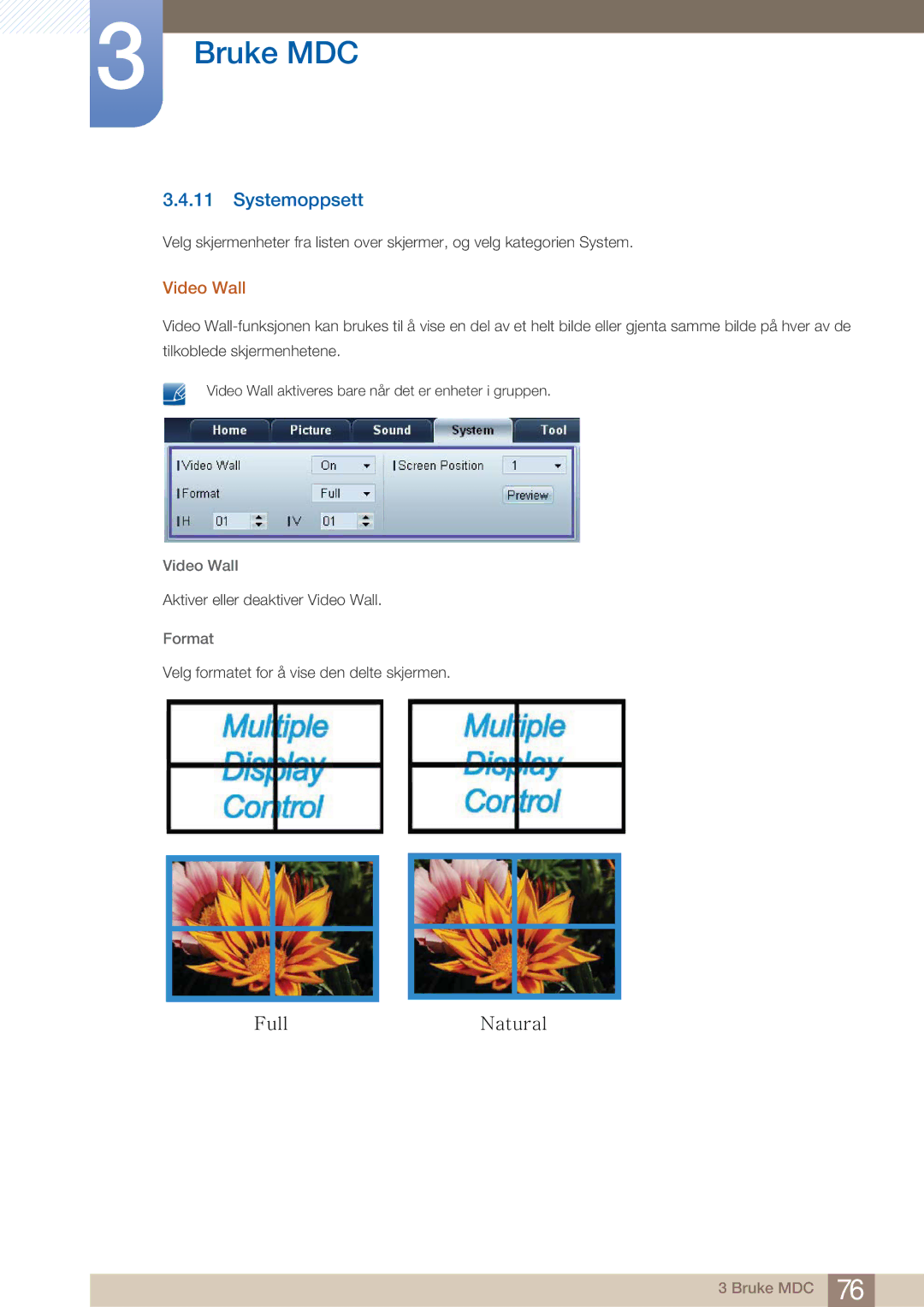 Samsung LH32ARPLBC/EN manual Systemoppsett, Video Wall, Format 