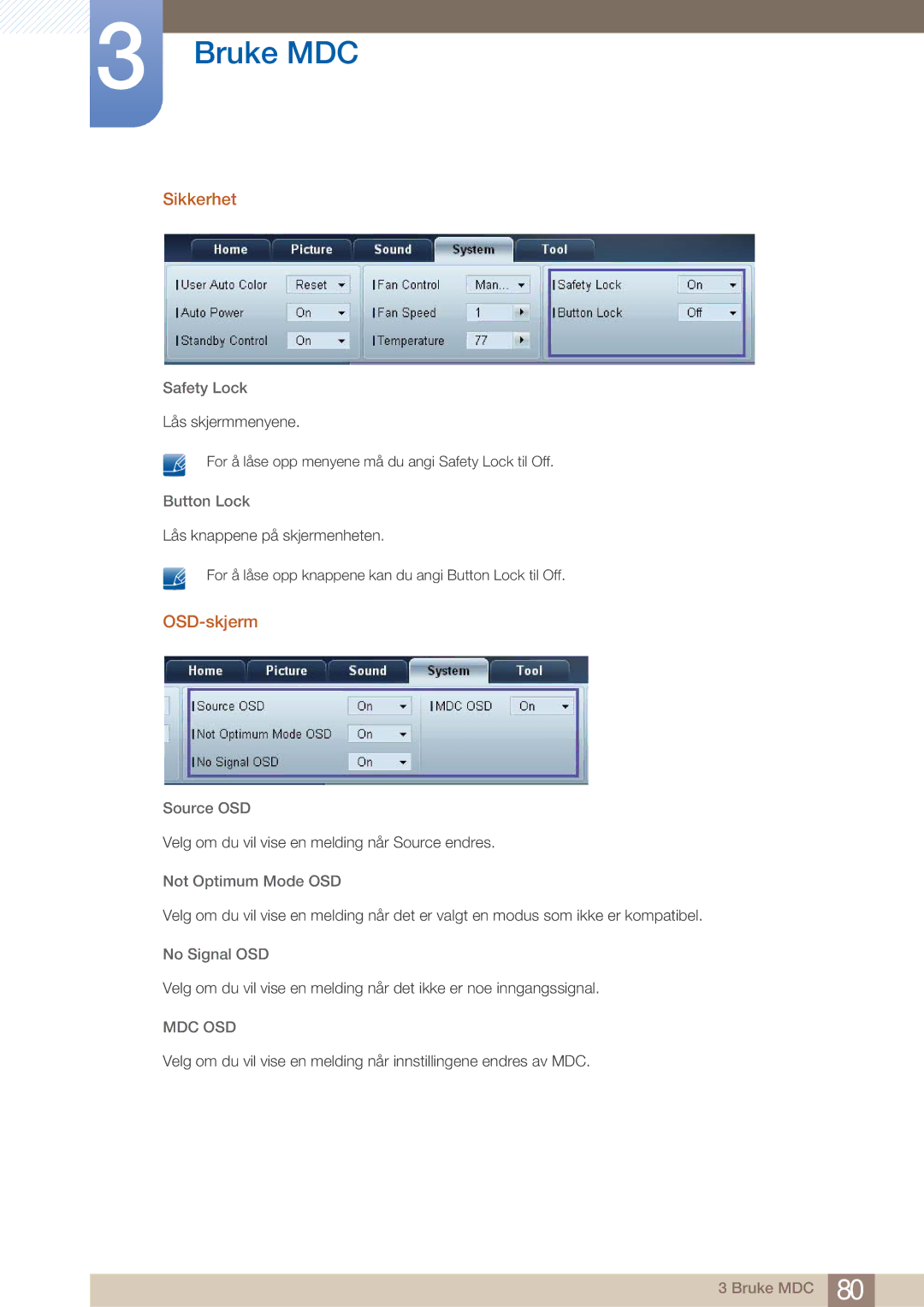 Samsung LH32ARPLBC/EN manual Sikkerhet, OSD-skjerm 