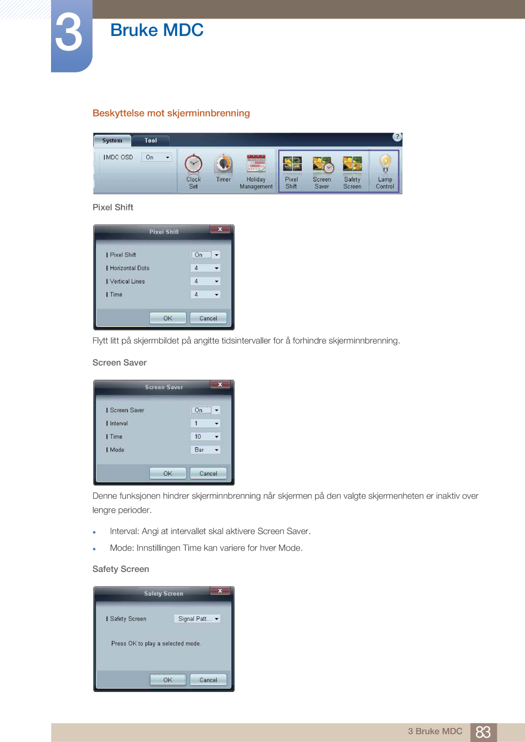 Samsung LH32ARPLBC/EN manual Beskyttelse mot skjerminnbrenning, Pixel Shift, Screen Saver, Safety Screen 