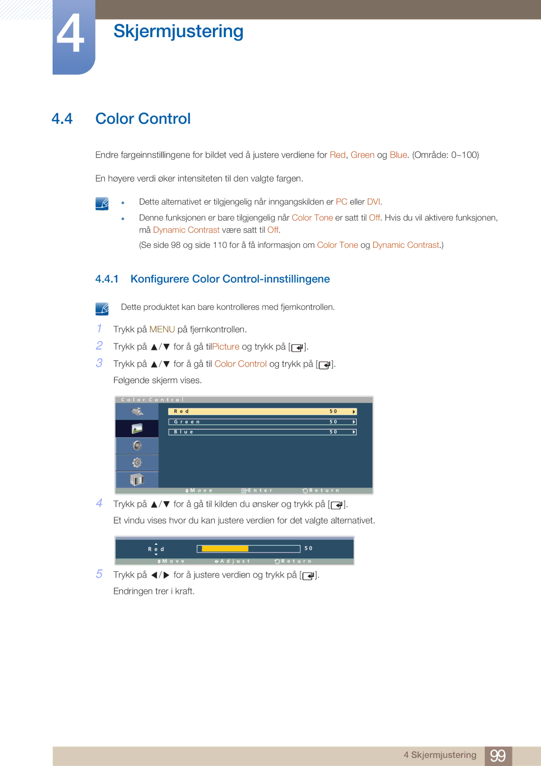 Samsung LH32ARPLBC/EN manual Konfigurere Color Control-innstillingene 