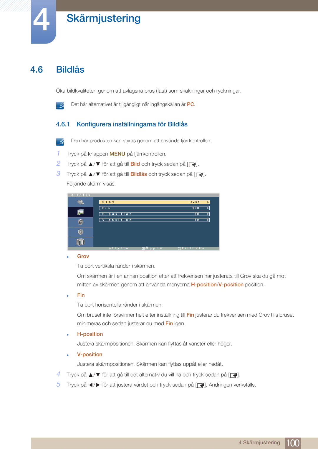 Samsung LH32ARPLBC/EN manual Konfigurera inställningarna för Bildlås, Grov, Fin, Position 