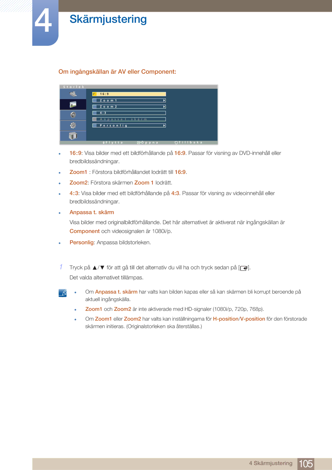 Samsung LH32ARPLBC/EN manual Om ingångskällan är AV eller Component, Anpassa t. skärm 