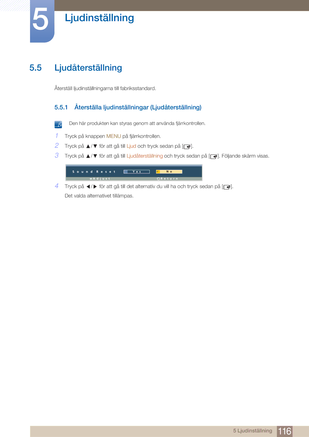 Samsung LH32ARPLBC/EN manual 1 Återställa ljudinställningar Ljudåterställning 