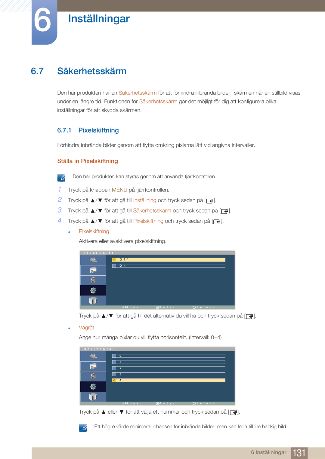 Samsung LH32ARPLBC/EN manual Säkerhetsskärm, Ställa in Pixelskiftning, Vågrät 