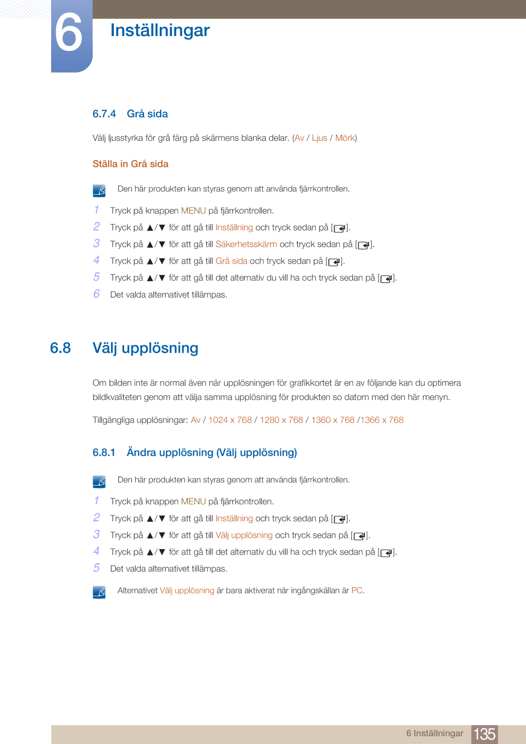 Samsung LH32ARPLBC/EN manual 4 Grå sida, 1 Ändra upplösning Välj upplösning, Ställa in Grå sida 