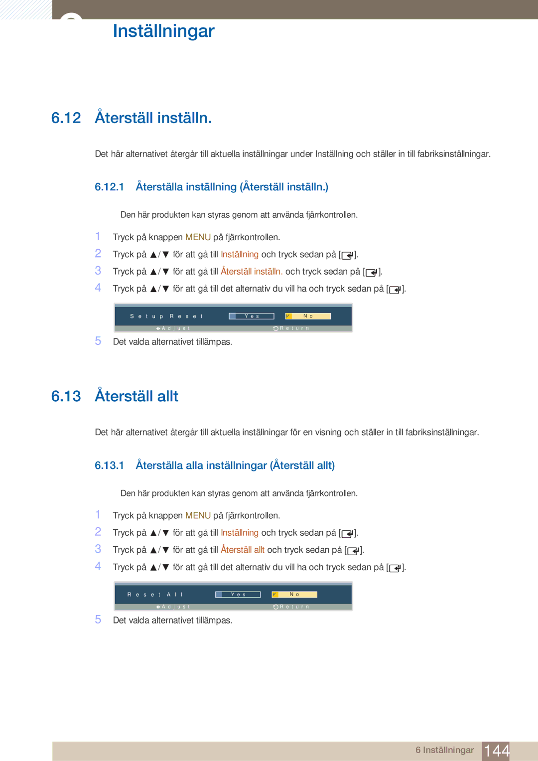 Samsung LH32ARPLBC/EN manual 12 Återställ inställn, 13 Återställ allt, 12.1 Återställa inställning Återställ inställn 