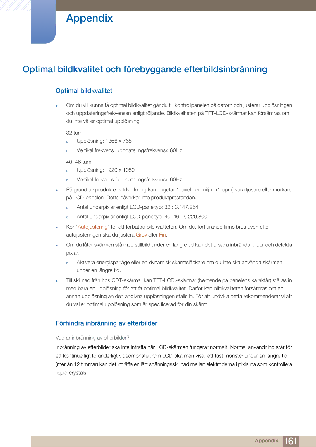 Samsung LH32ARPLBC/EN Optimal bildkvalitet och förebyggande efterbildsinbränning, Förhindra inbränning av efterbilder 