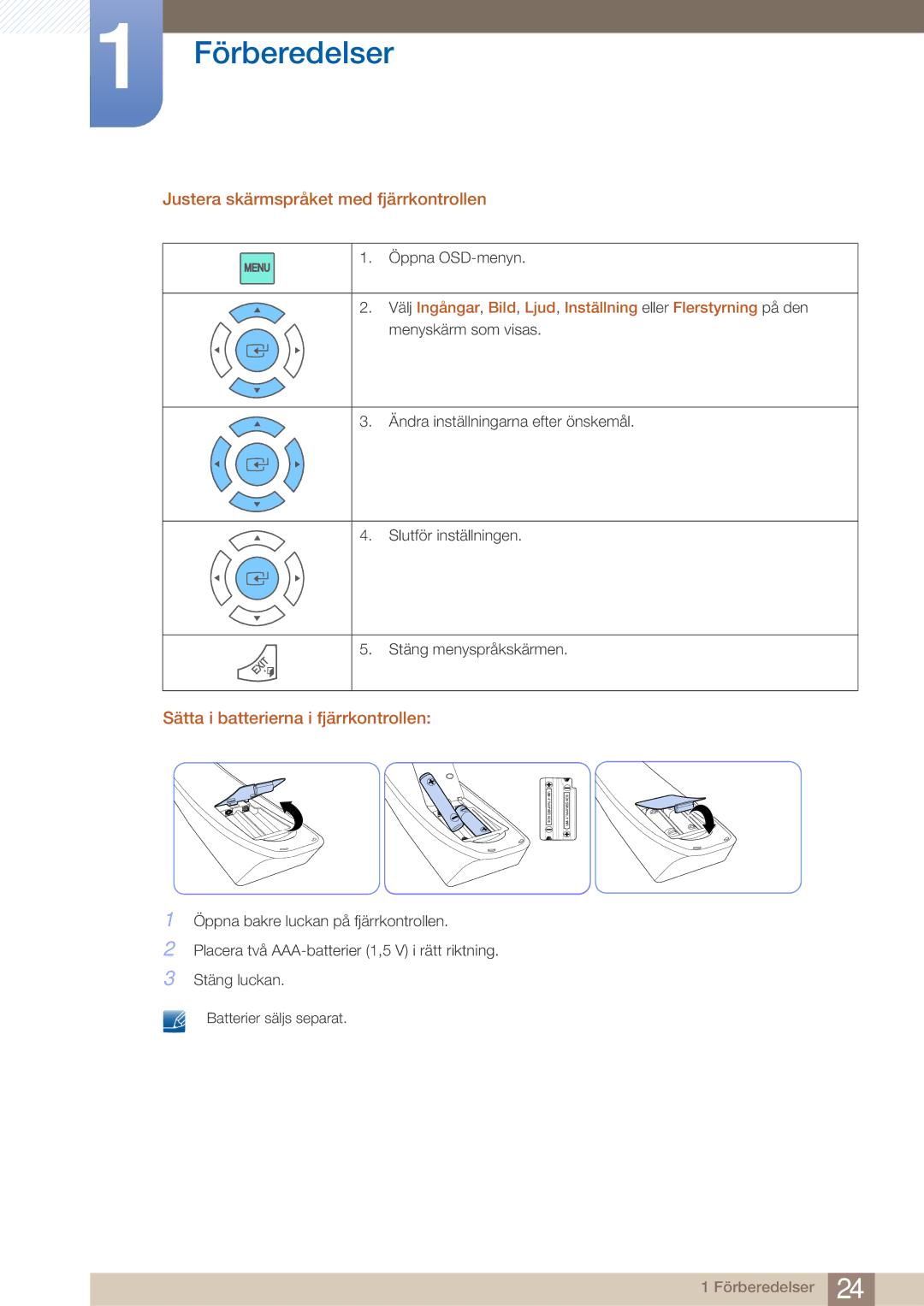 Samsung LH32ARPLBC/EN manual Justera skärmspråket med fjärrkontrollen, Sätta i batterierna i fjärrkontrollen 