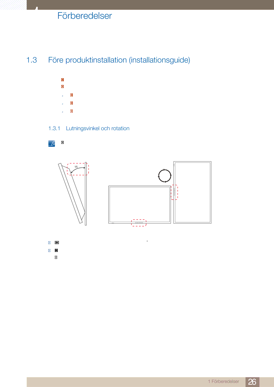 Samsung LH32ARPLBC/EN manual Före produktinstallation installationsguide, Lutningsvinkel och rotation 