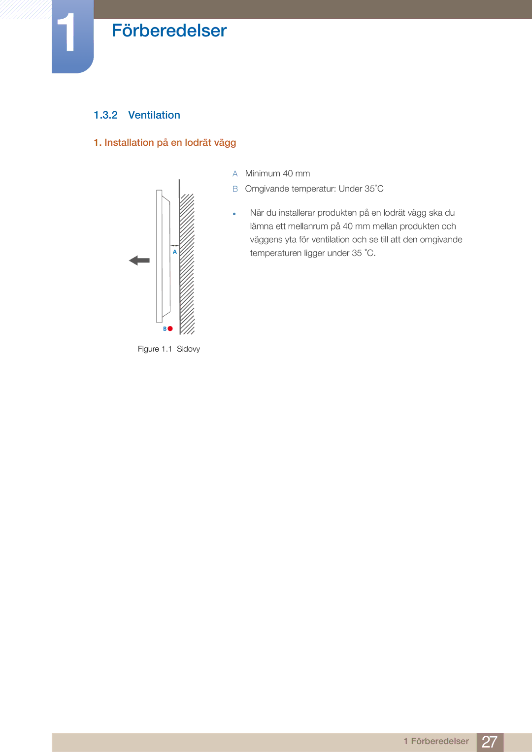 Samsung LH32ARPLBC/EN manual Ventilation, Installation på en lodrät vägg 