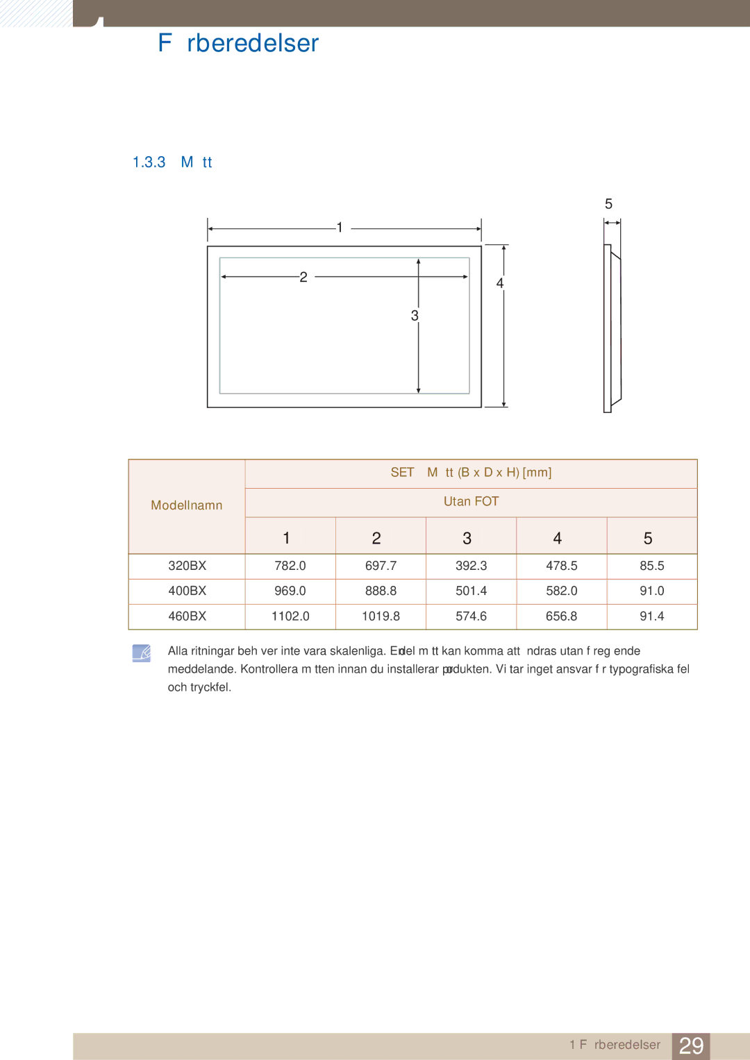 Samsung LH32ARPLBC/EN manual 3 Mått, Modellnamn Utan FOT 