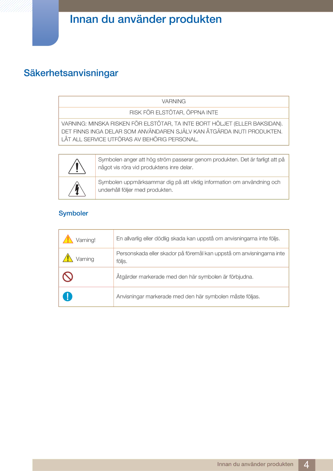 Samsung LH32ARPLBC/EN manual Säkerhetsanvisningar, Symboler 