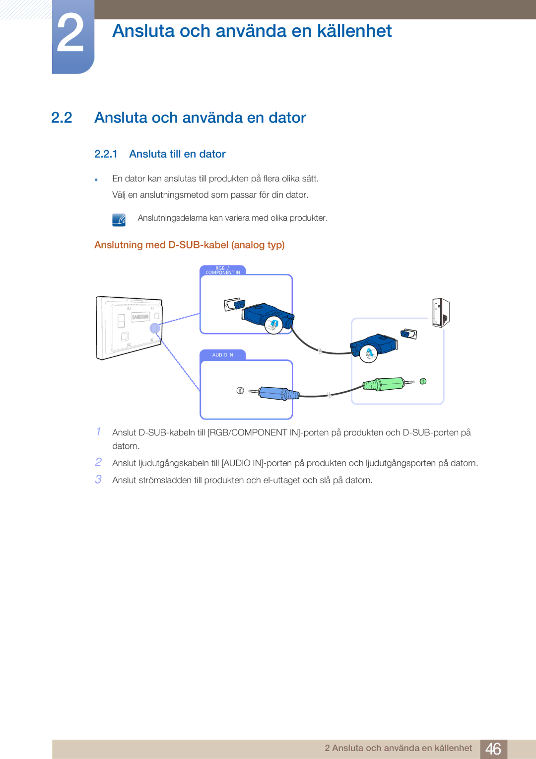 Samsung LH32ARPLBC/EN manual Ansluta och använda en dator, Ansluta till en dator, Anslutning med D-SUB-kabel analog typ 