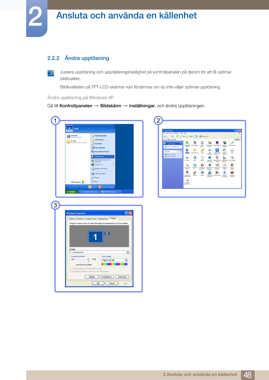 Samsung LH32ARPLBC/EN manual 2 Ändra upplösning, Ändra upplösning på Windows XP 