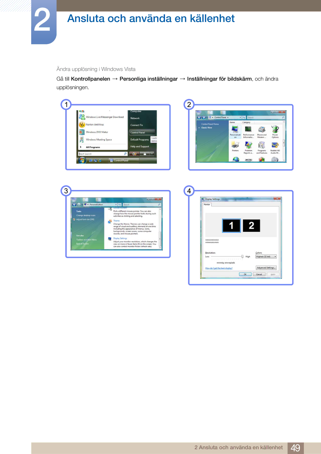 Samsung LH32ARPLBC/EN manual Ändra upplösning i Windows Vista 