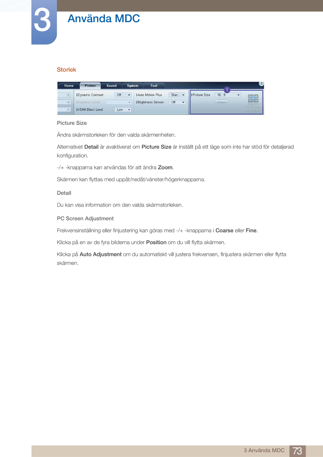 Samsung LH32ARPLBC/EN manual Storlek, Picture Size, Detail, PC Screen Adjustment 