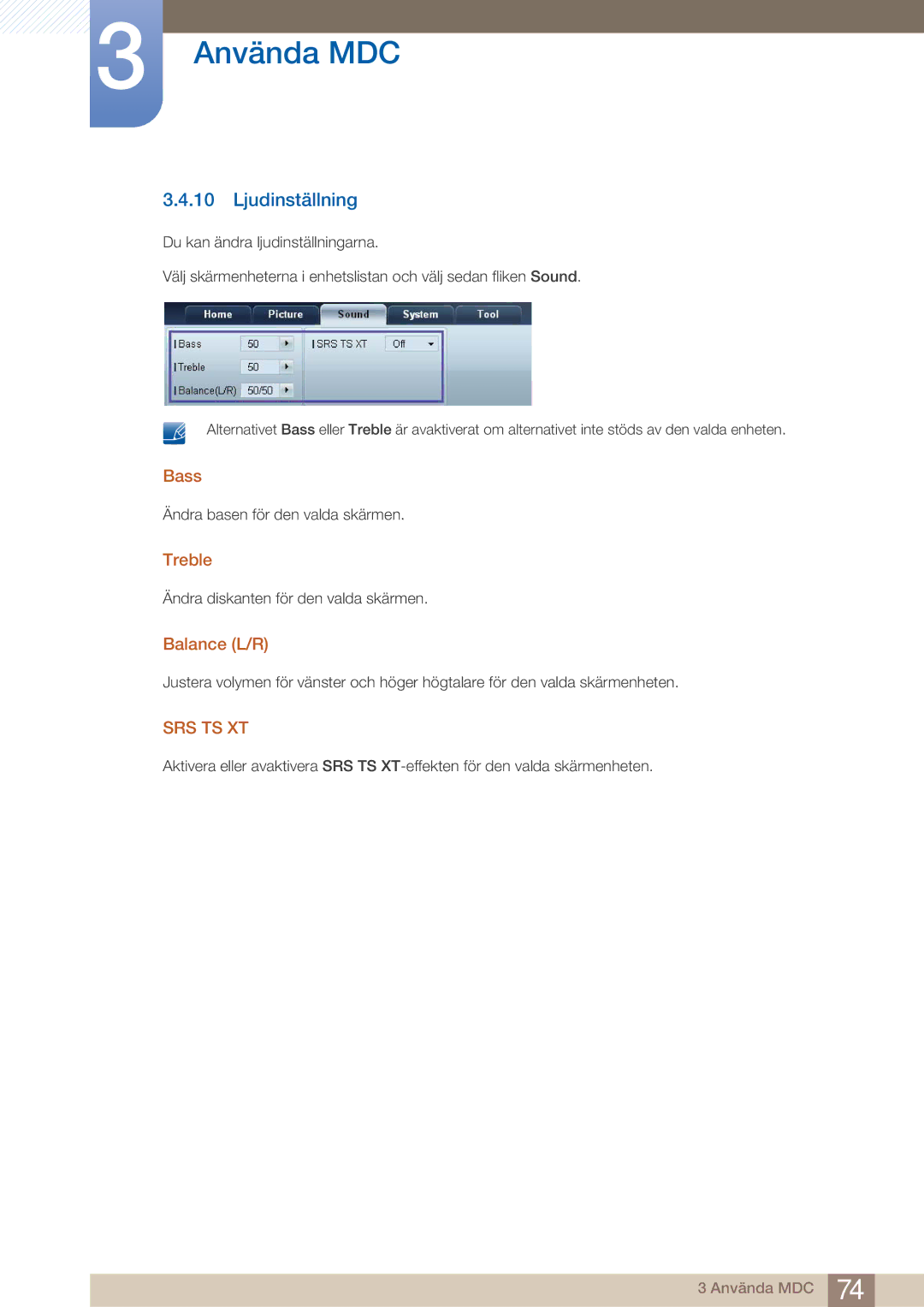 Samsung LH32ARPLBC/EN manual Ljudinställning, Bass, Treble, Balance L/R 