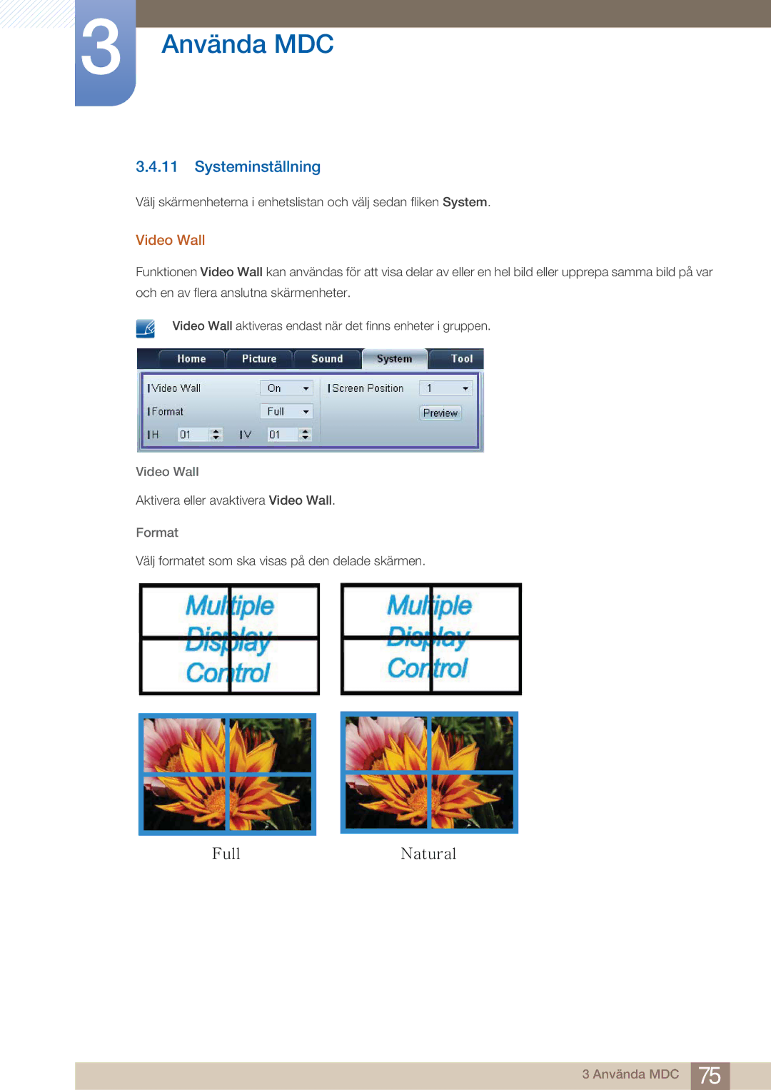 Samsung LH32ARPLBC/EN manual Systeminställning, Video Wall, Format 