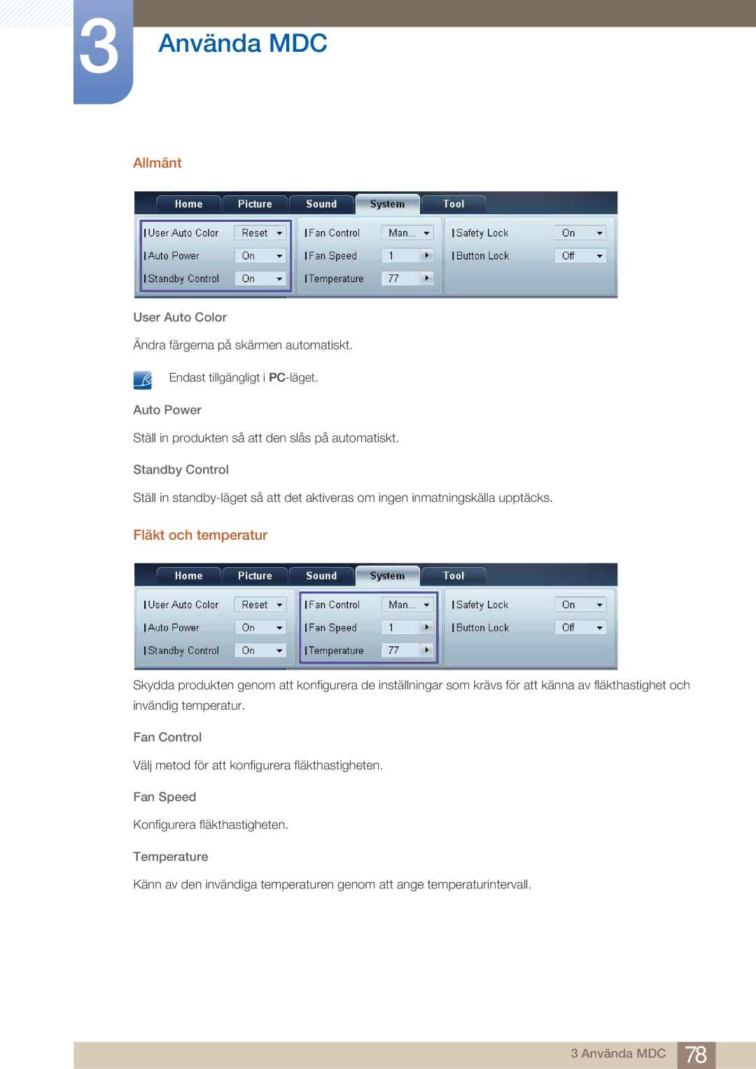 Samsung LH32ARPLBC/EN manual Allmänt, Fläkt och temperatur 