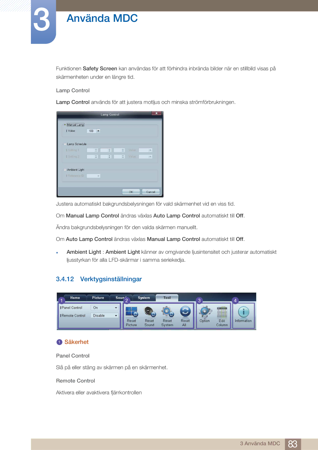 Samsung LH32ARPLBC/EN manual Verktygsinställningar, Lamp Control, Panel Control, Remote Control 