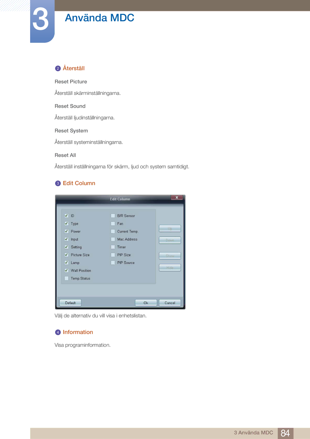 Samsung LH32ARPLBC/EN manual Återställ, Edit Column, Information, Reset Picture 