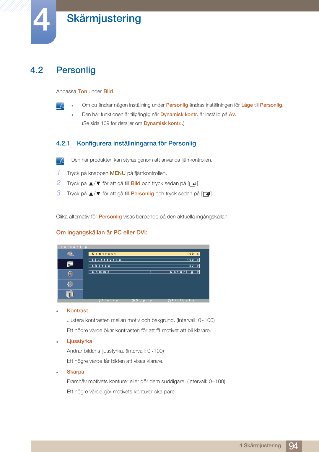 Samsung LH32ARPLBC/EN manual Konfigurera inställningarna för Personlig, Kontrast 