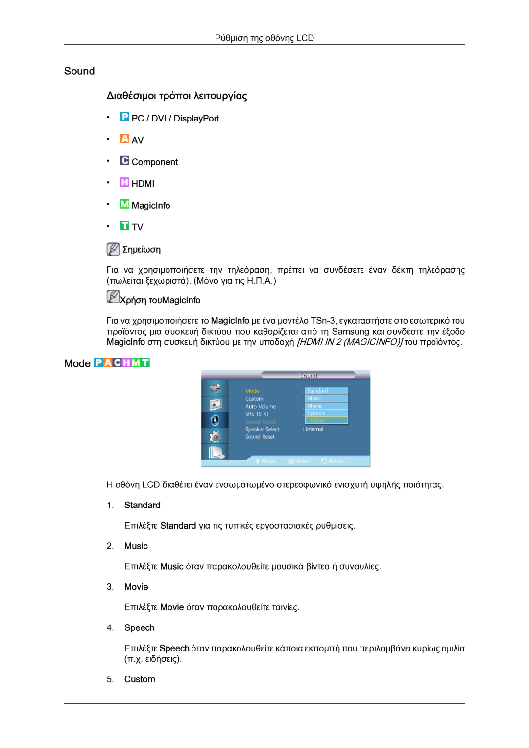 Samsung LH32CRSMBD/EN manual Sound Διαθέσιμοι τρόποι λειτουργίας, Music, Speech 