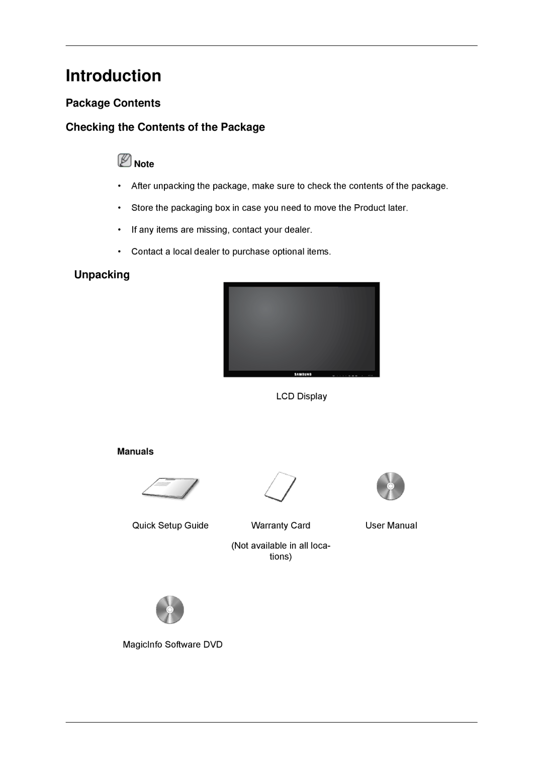 Samsung LH32CRTMBC/EN, LH32CRSMBC/EN, LH32CRSMBD/EN manual Package Contents Checking the Contents of the Package, Unpacking 