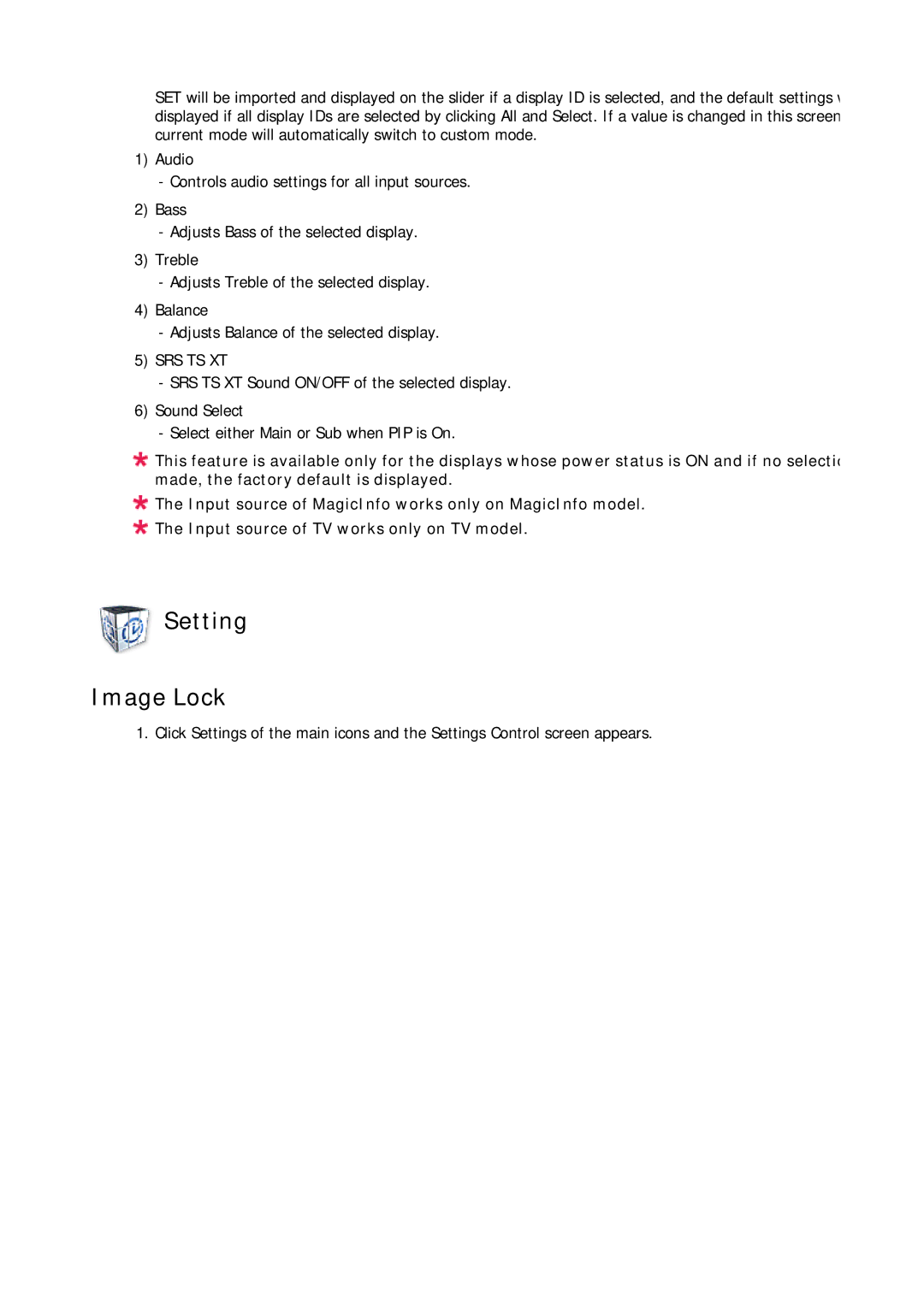 Samsung LH32CRSMBD/EN, LH32CRTMBC/EN, LH32CRSMBC/EN, LH32CRTMBC/XJ, LH32CRSMBD/XJ manual Setting Image Lock, Srs Ts Xt 