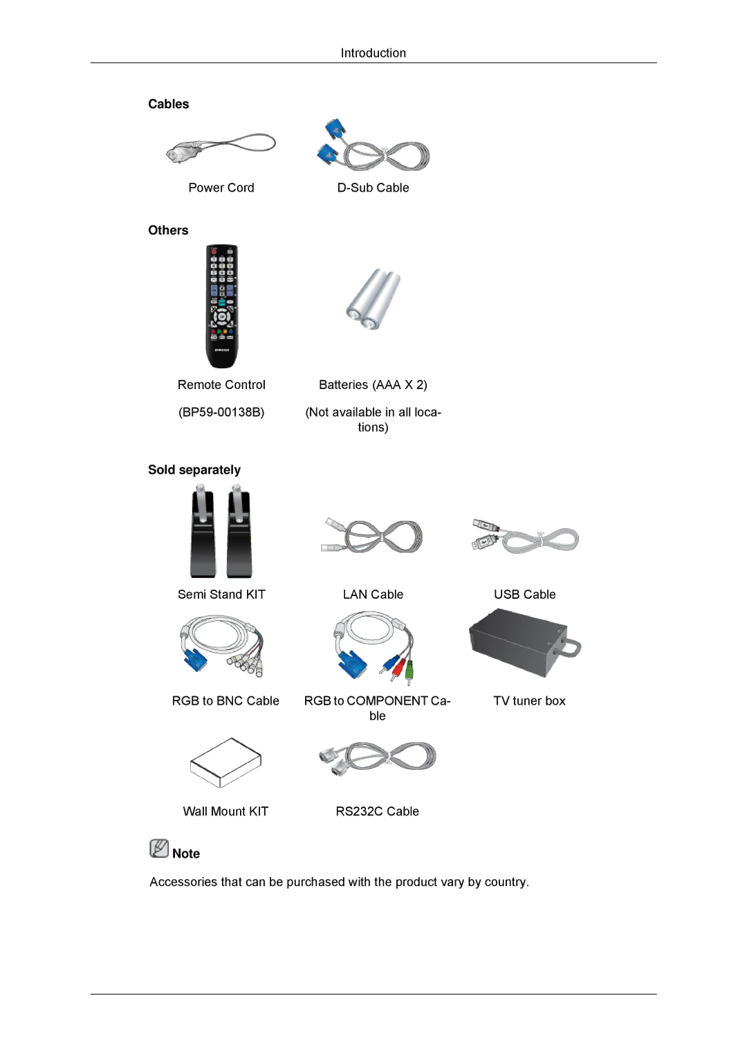 Samsung LH32CRSMBC/EN, LH32CRTMBC/EN, LH32CRSMBD/EN, LH32CRTMBC/XJ, LH32CRSMBD/XJ manual Cables, Others, Sold separately 