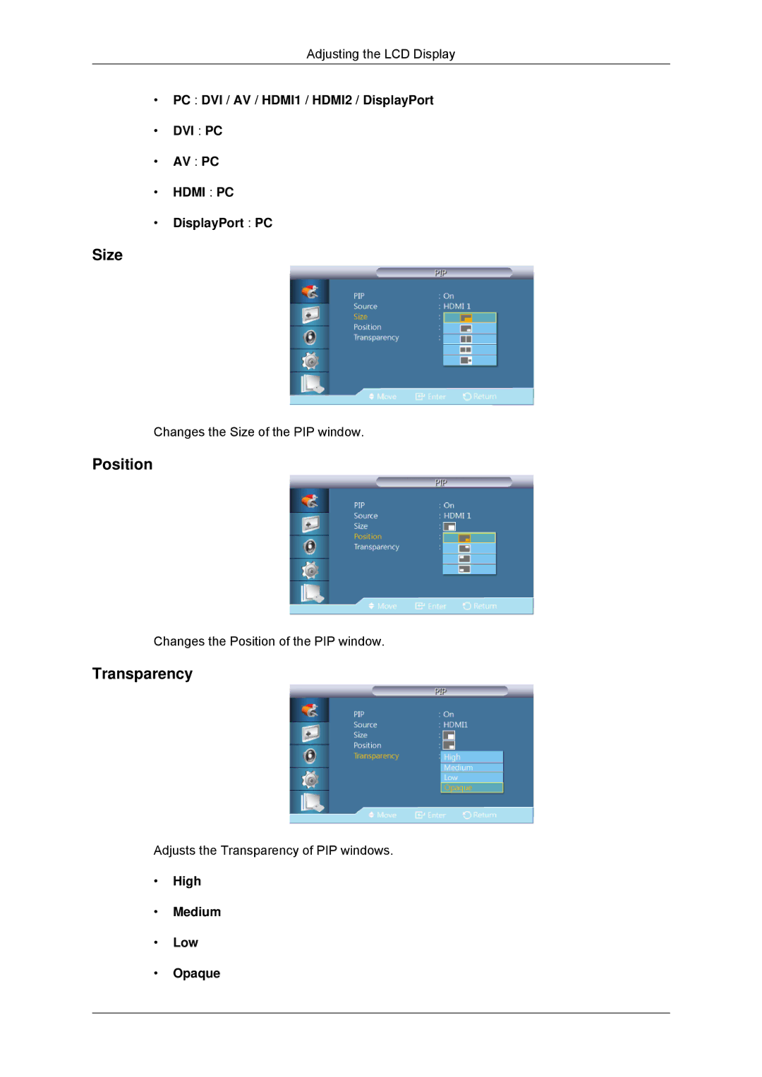 Samsung LH32CRSMBD/EN, LH32CRTMBC/EN, LH32CRSMBC/EN, LH32CRTMBC/XJ, LH32CRSMBD/XJ manual Size, Position, Transparency 