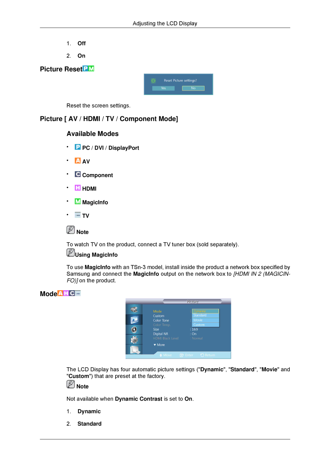 Samsung LH32CRSMBD/EN manual Picture Reset, Picture AV / Hdmi / TV / Component Mode Available Modes, Dynamic Standard 