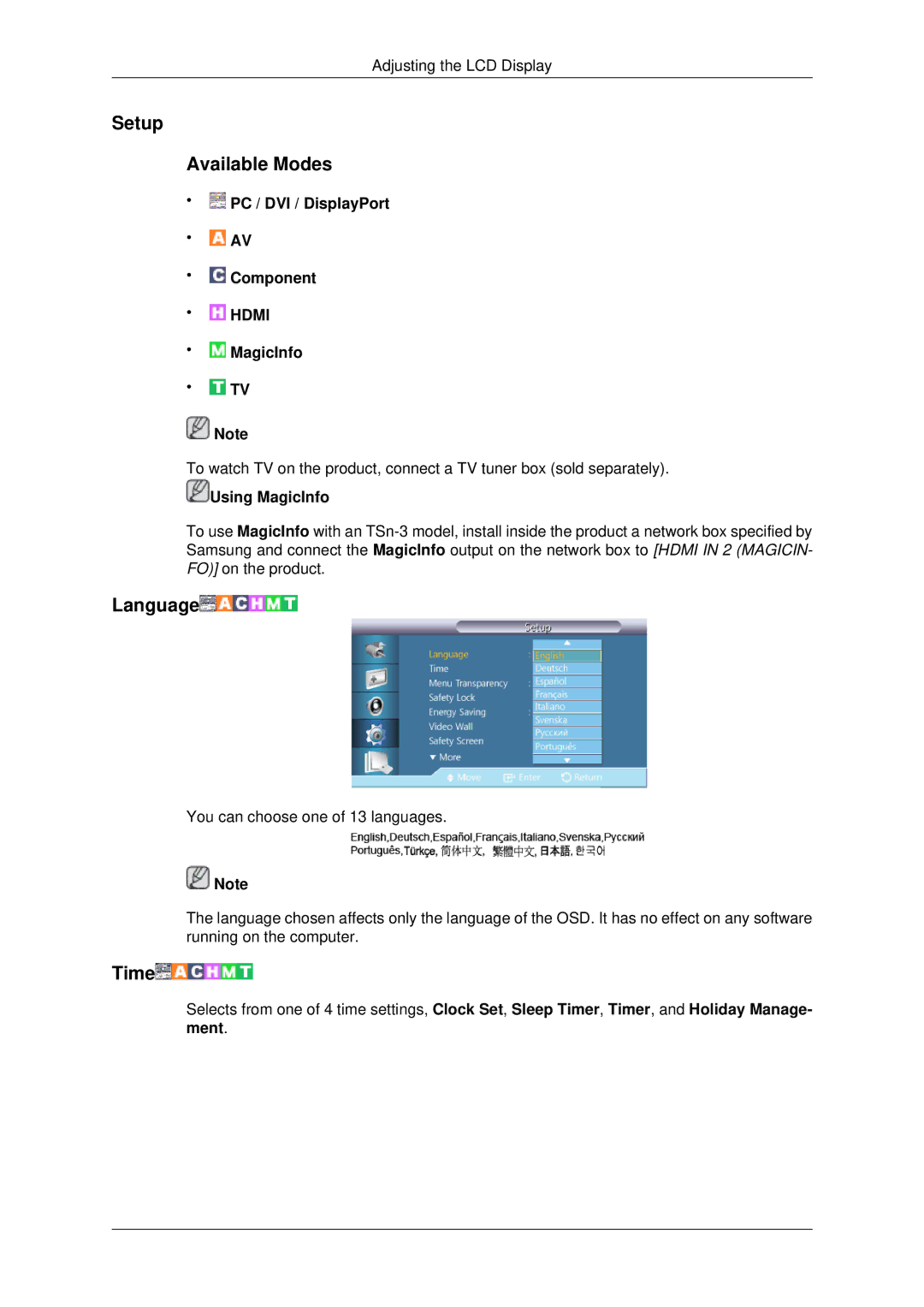 Samsung LH32CRSMBC/EN, LH32CRTMBC/EN, LH32CRSMBD/EN, LH32CRTMBC/XJ, LH32CRSMBD/XJ manual Setup Available Modes, Language, Time 