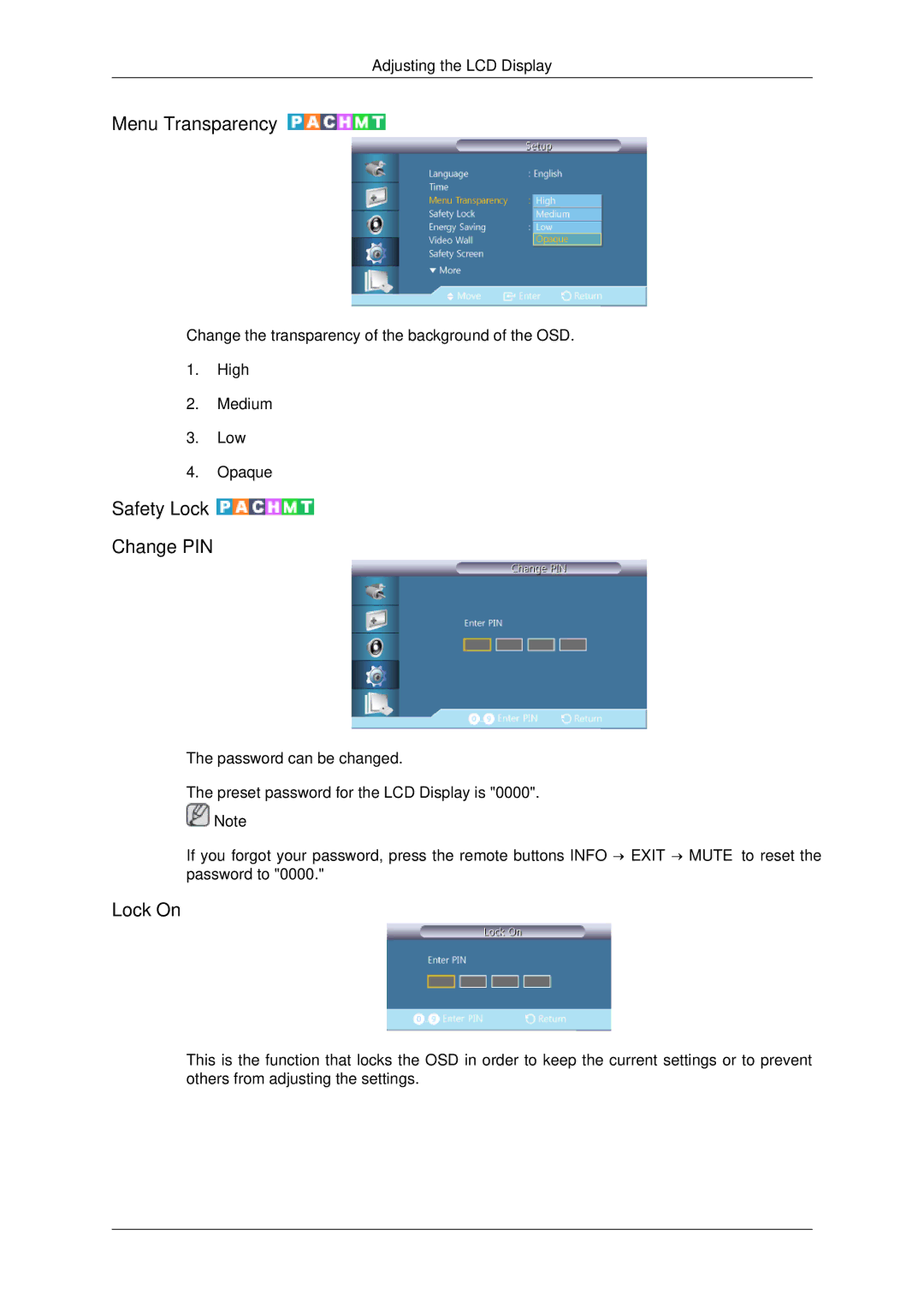 Samsung LH32CRSMBD/XJ, LH32CRTMBC/EN, LH32CRSMBC/EN, LH32CRSMBD/EN manual Menu Transparency, Safety Lock Change PIN, Lock On 