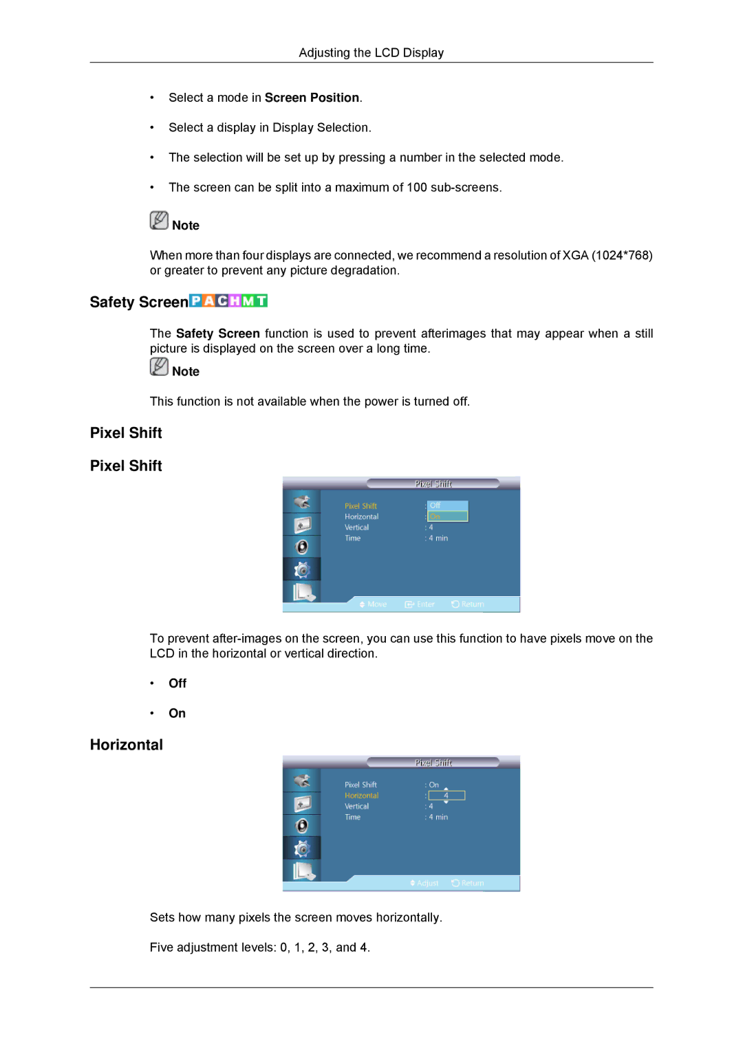 Samsung LH32CRSMBD/EN, LH32CRTMBC/EN, LH32CRSMBC/EN, LH32CRTMBC/XJ, LH32CRSMBD/XJ manual Safety Screen, Pixel Shift 