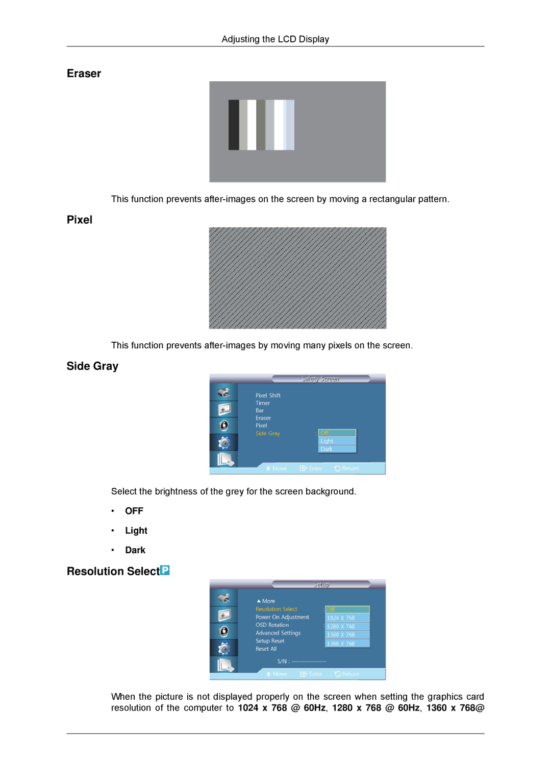 Samsung LH32CRTMBC/EN, LH32CRSMBC/EN, LH32CRSMBD/EN, LH32CRTMBC/XJ Eraser, Pixel, Side Gray, Resolution Select, Light Dark 