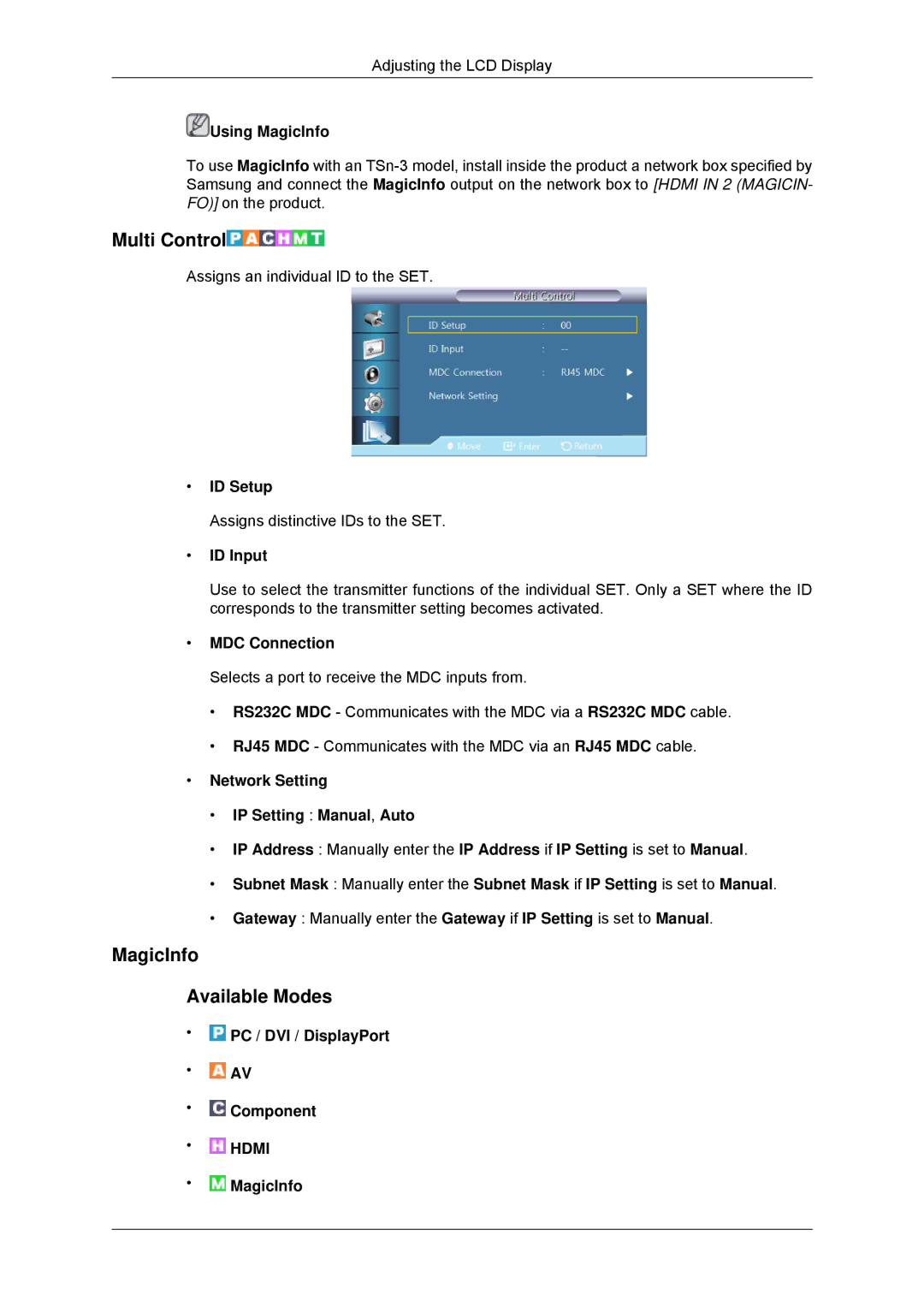 Samsung LH32CRTMBC/XJ, LH32CRTMBC/EN manual Multi Control, MagicInfo Available Modes, ID Setup, ID Input, MDC Connection 