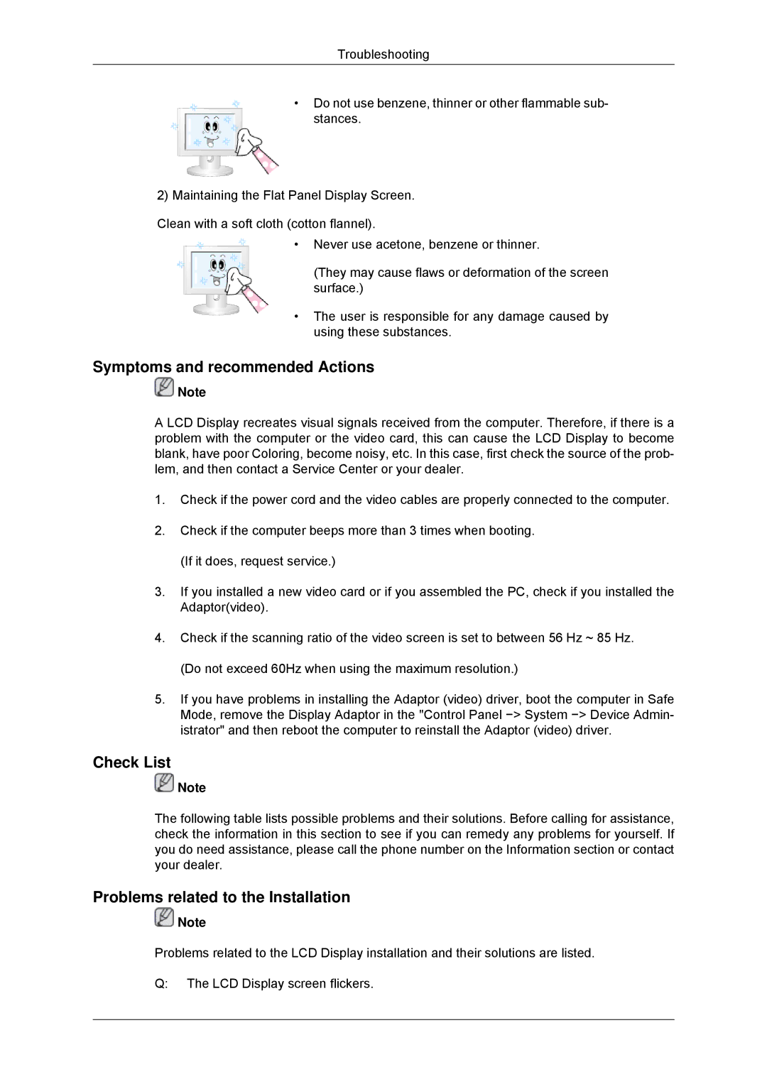 Samsung LH32CRSMBD/XJ, LH32CRTMBC/EN Symptoms and recommended Actions, Check List, Problems related to the Installation 