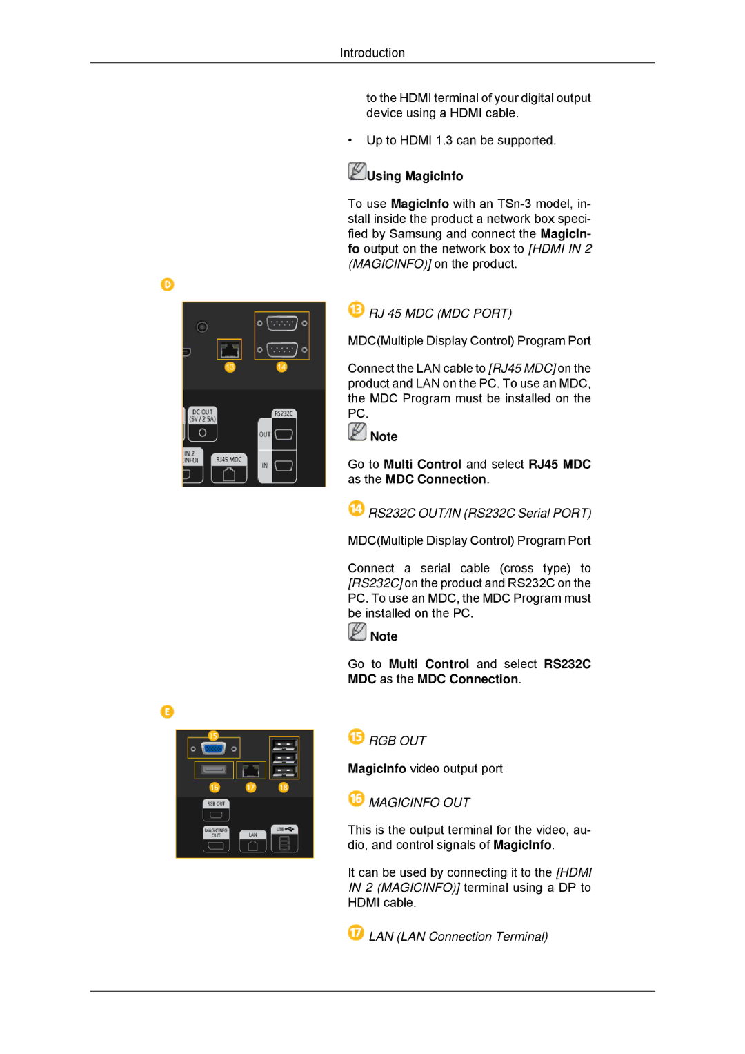 Samsung LH32CRSMBC/EN, LH32CRTMBC/EN, LH32CRSMBD/EN manual RS232C OUT/IN RS232C Serial Port, LAN LAN Connection Terminal 