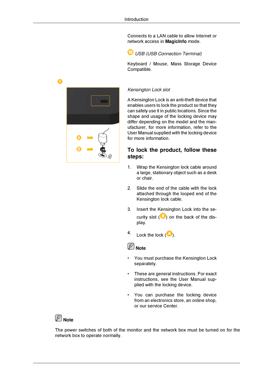 Samsung LH32CRSMBD/EN manual To lock the product, follow these steps, USB USB Connection Terminal, Kensington Lock slot 