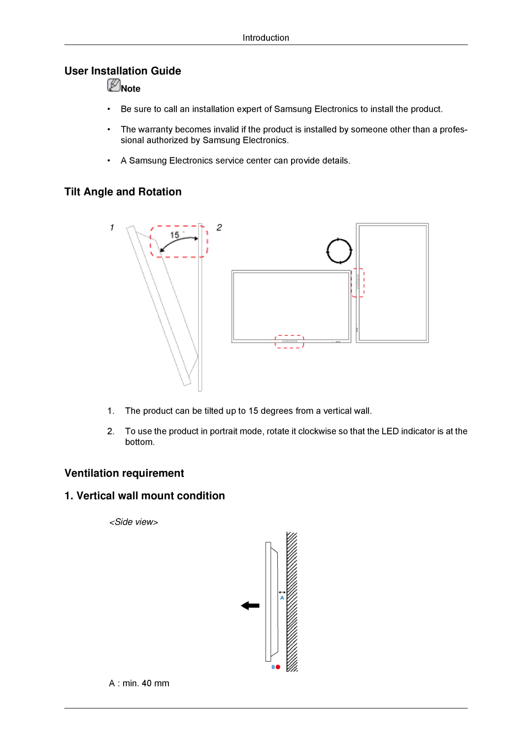 Samsung LH32CRSMBC/EN, LH32CRTMBC/EN, LH32CRSMBD/EN manual User Installation Guide, Tilt Angle and Rotation, Side view 